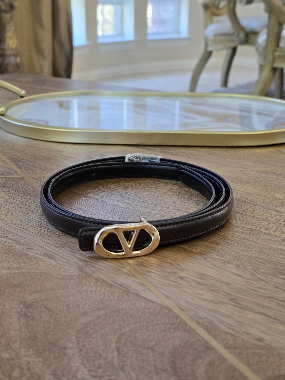 Stylish Brown Leather Belt with Gold V Logo Buckle